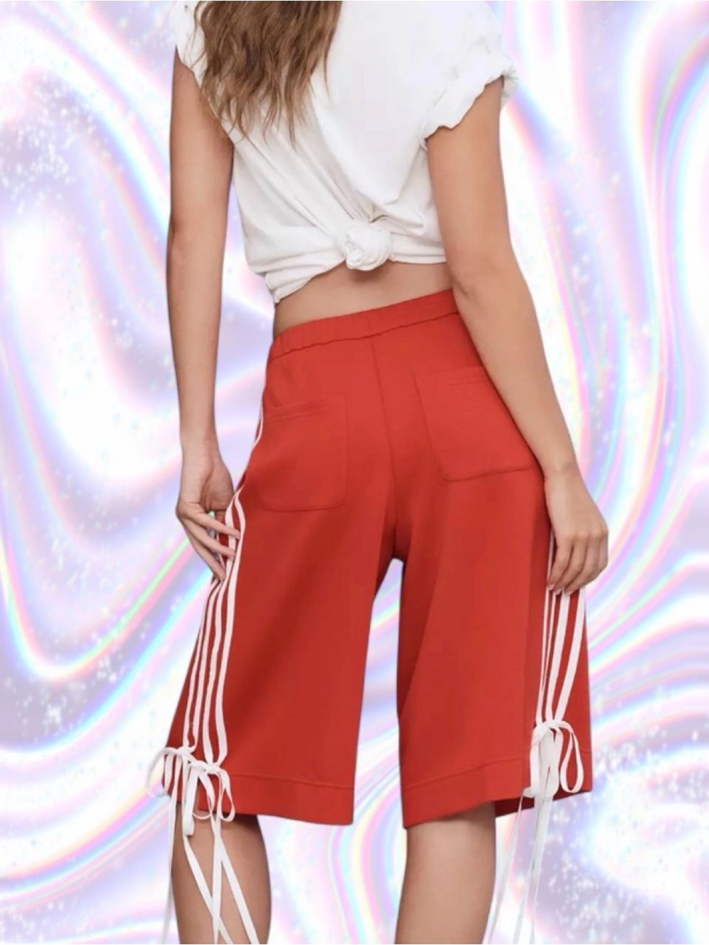 Anthropologie Red Bermuda Shorts with White Side Stripes - Picture 2 of 8
